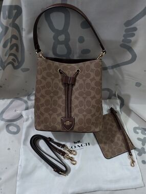 Coach Brown Signature Canvas Drawstring Bucket Bag with Pouch